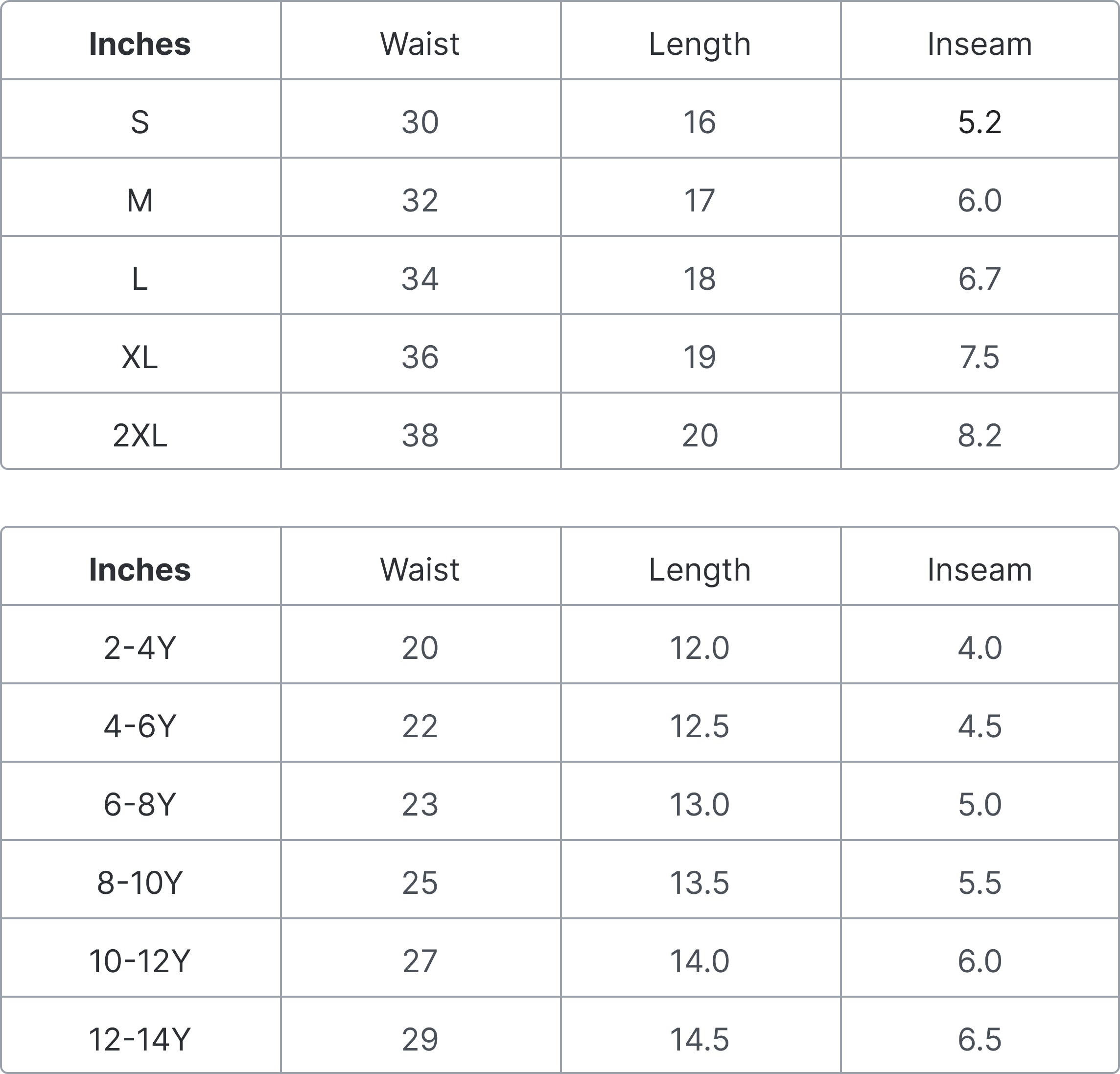 Size Guide in Inches
