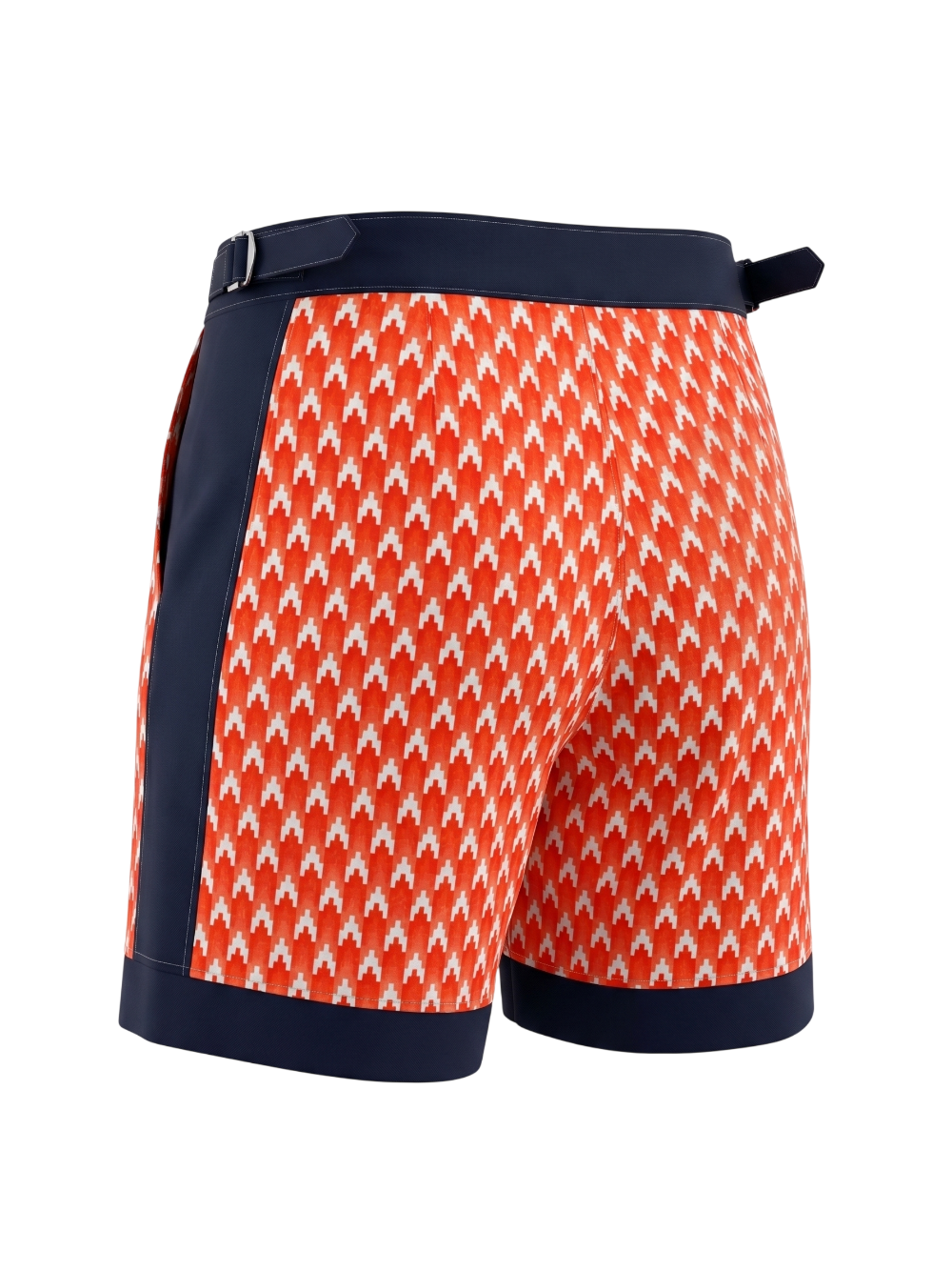Orange and white patterned shorts with navy accents on a white background