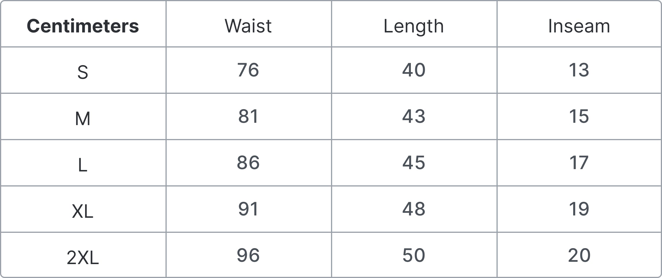 Size Guide in CM