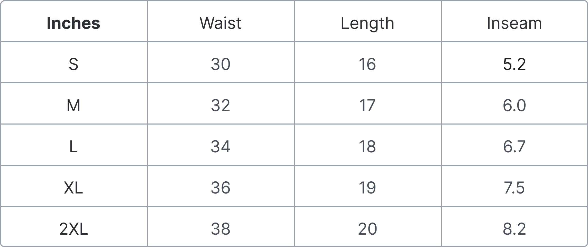 Size Guide in Inches