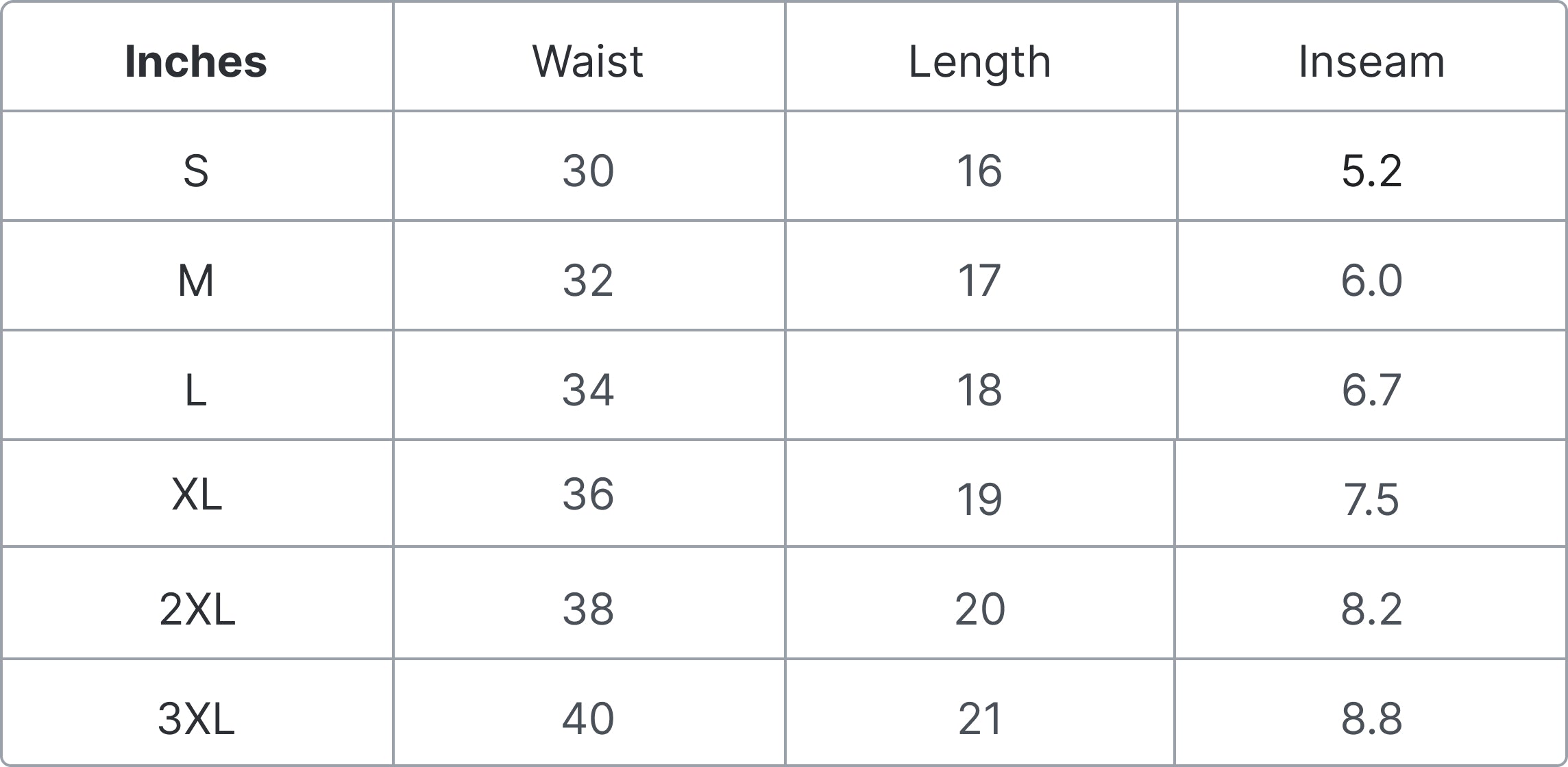 Size Guide in Inches