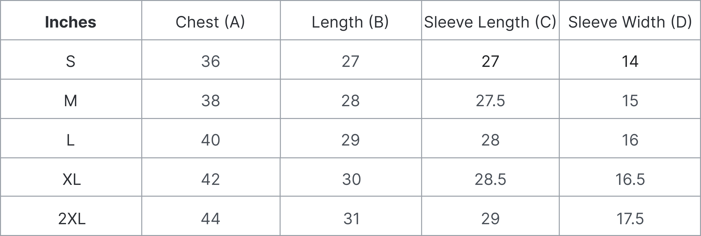 Size Guide in Inches