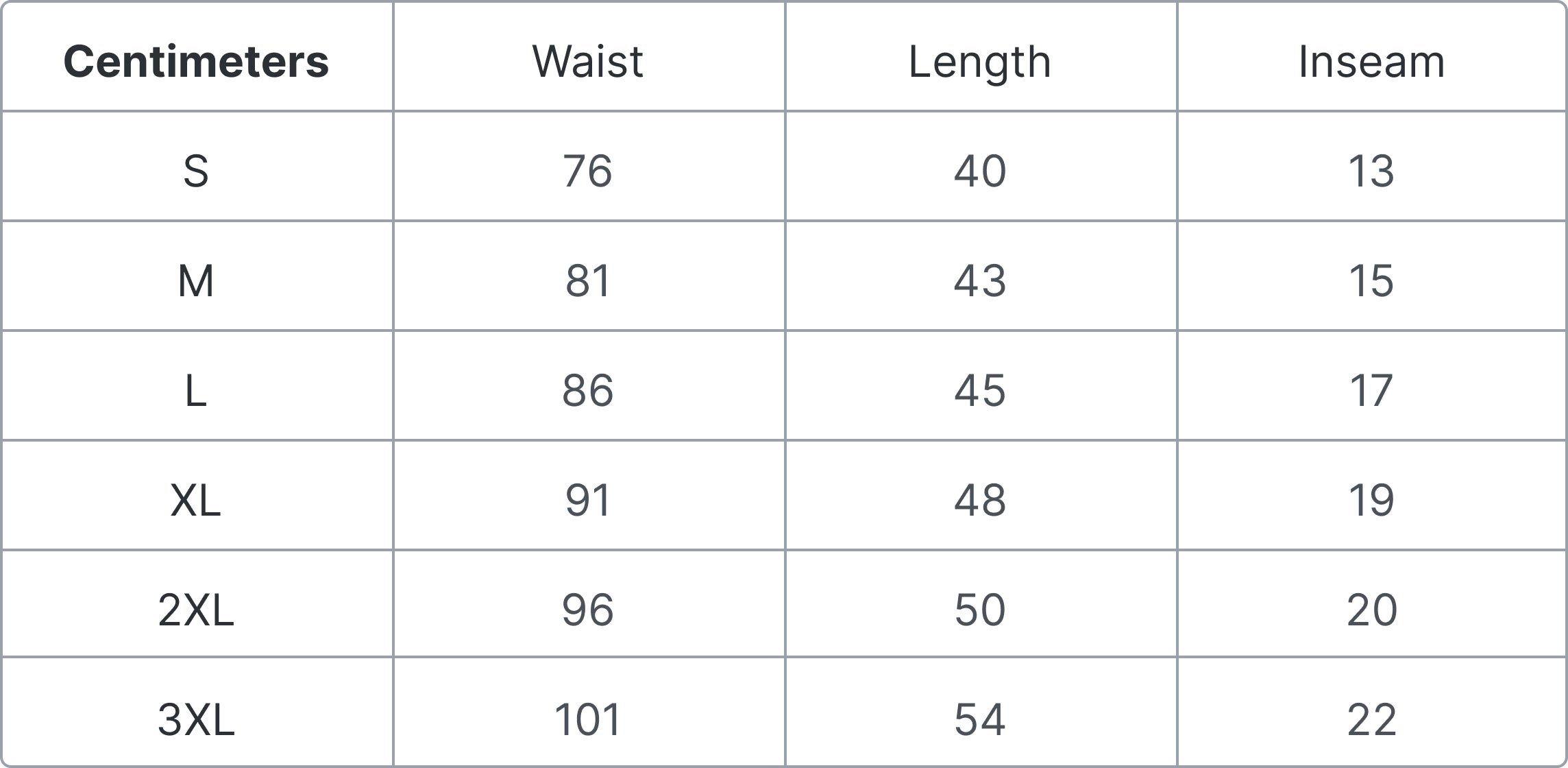 Size Guide in CM