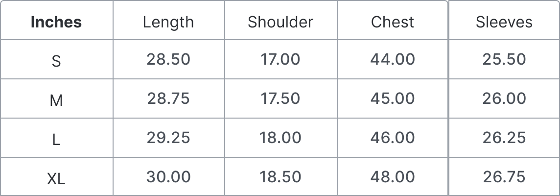 Size Guide in Inches