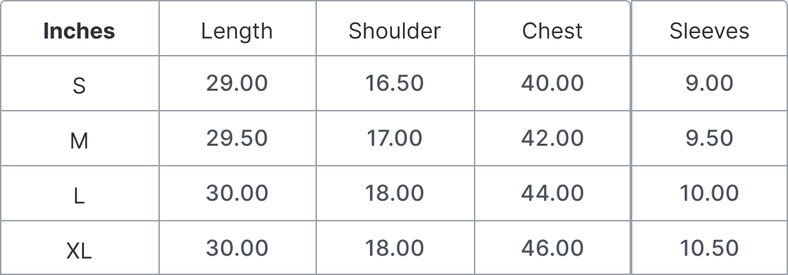 Size Guide in Inches